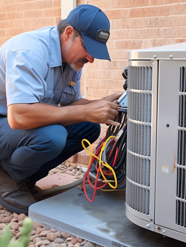HVAC Worker Performing Heat Pump Maintenance. background, illustration for product presentation template, copy space. Ai generative